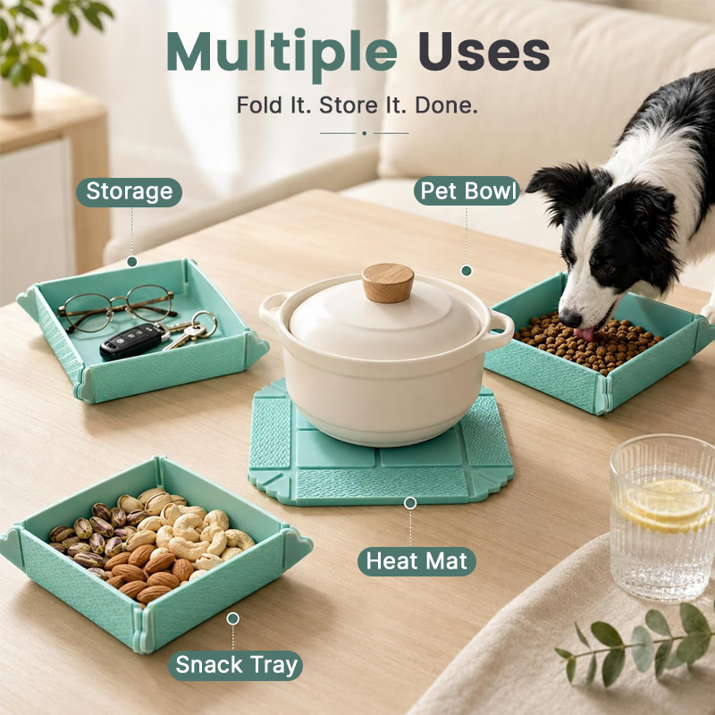 🍽️ Foldbar varmebestandig måtte & opbevaringsbakke — 2-i-1 bordskåner og snackbakke med magnetisk opbevaring 🧲