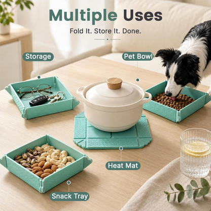 🍽️ Foldbar varmebestandig måtte & opbevaringsbakke — 2-i-1 bordskåner og snackbakke med magnetisk opbevaring 🧲