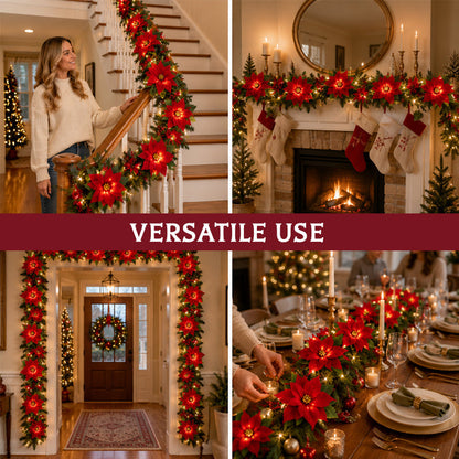 😍 🎄 Julestjerne-lysslynge – 2 m varm LED-slynge med røde blomster og kristtjørnblade
