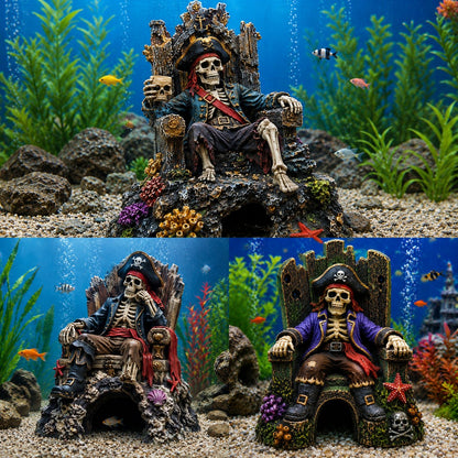 🌊☠️Undervands Piratskelet Trone Akvarium Skjulested Hule Dekoration