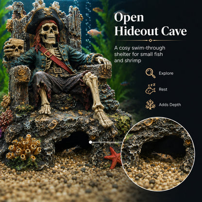 🌊☠️Undervands Piratskelet Trone Akvarium Skjulested Hule Dekoration