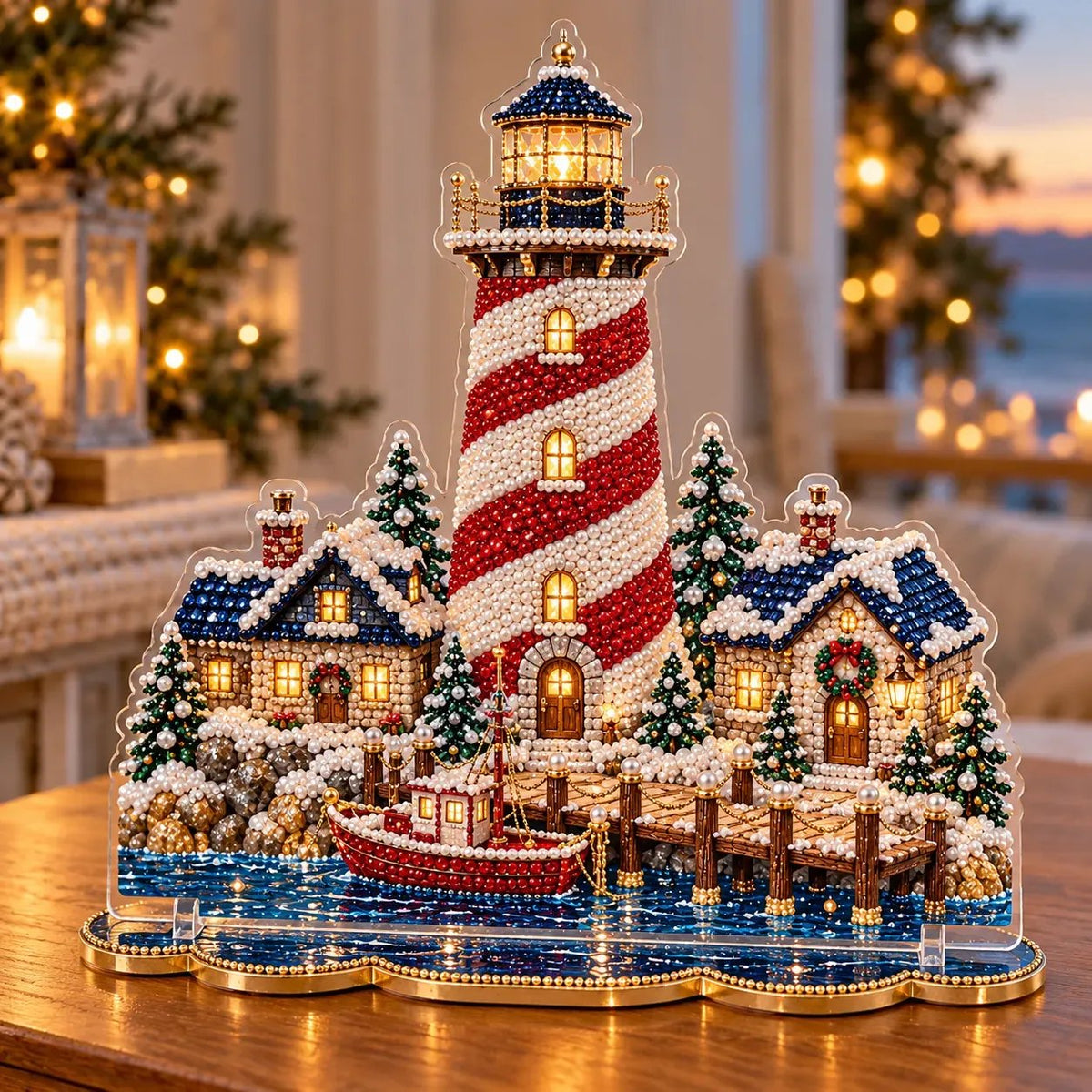✨ Premium perle-fyrtårn diamond painting-kunstset | Luksuriøst, fløjlsblødt canvas med ridsefaste, farveægte perler – DIY-julepynt 🎅⛄️❄️
