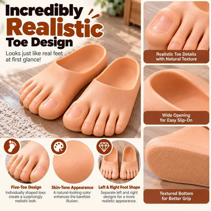 😂 Realistiske barfodsslippers – sjove hjemmesko med kæmpestore tæer. Den perfekte gag-gave! 👣🎁