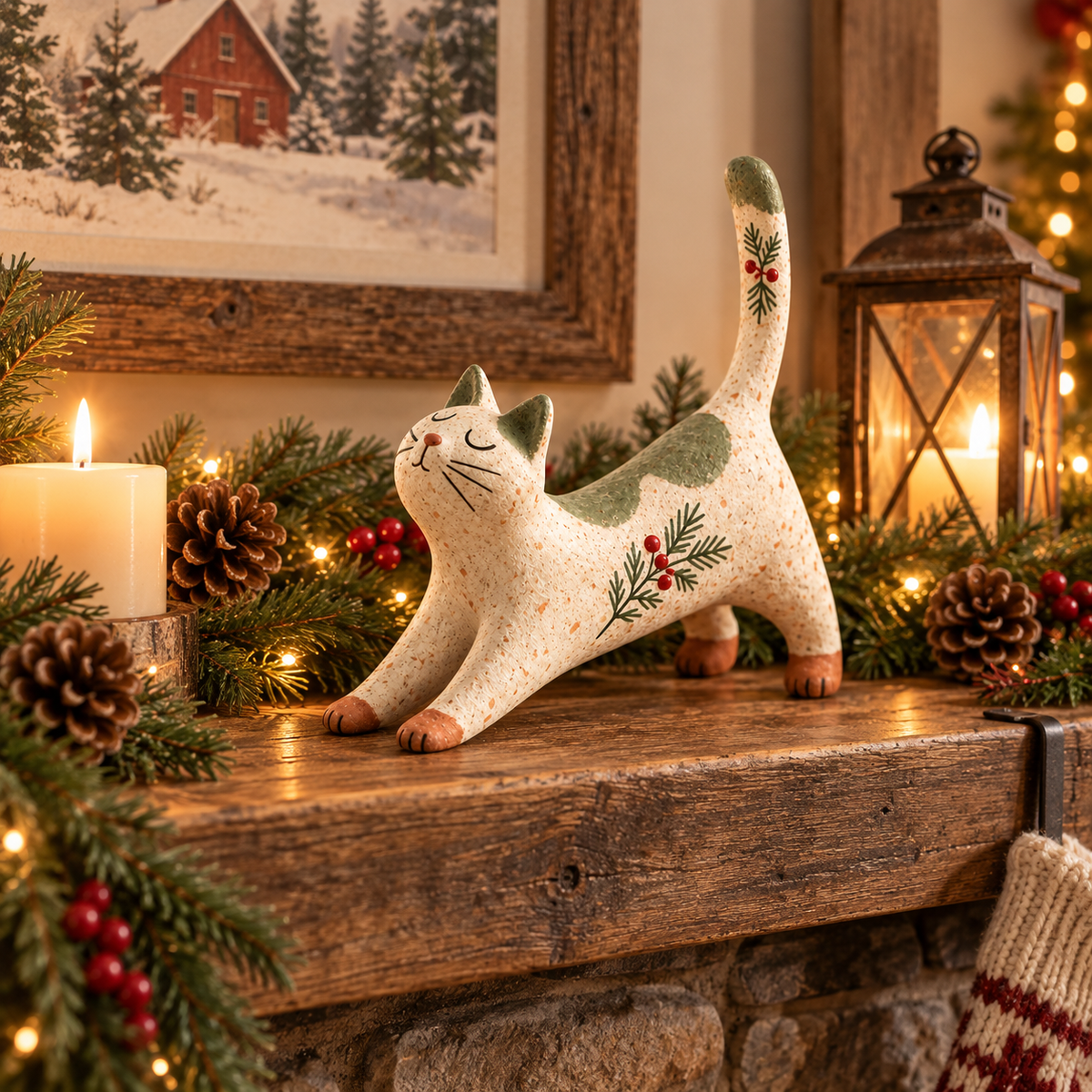 🐈🎄 Woodland Christmas Cat Figurine — en hyggelig lille skovven til dit julehjem