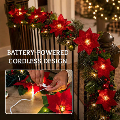 😍 🎄 Julestjerne-lysslynge – 2 m varm LED-slynge med røde blomster og kristtjørnblade