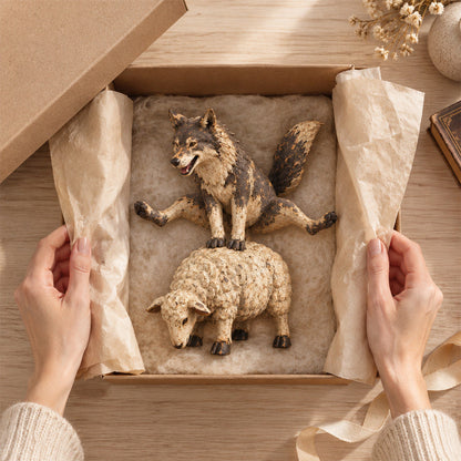 🐺Sjov ulv på får figur🐑 | Rustik gårdhave-dyr statue
