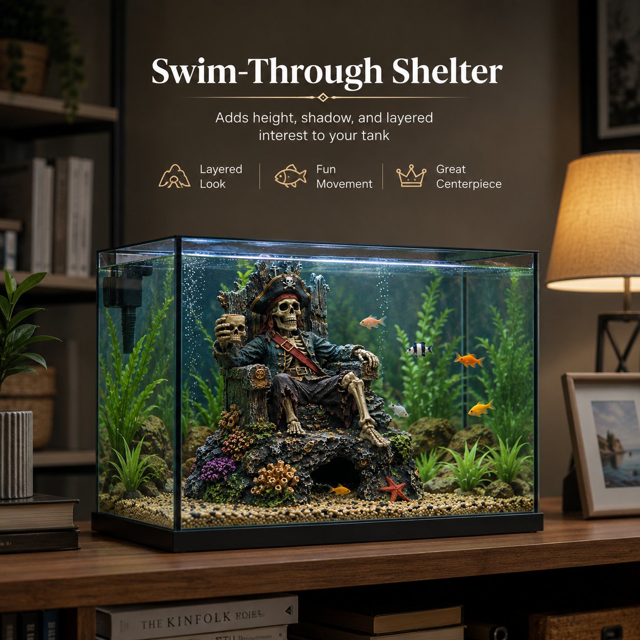 🌊☠️Undervands Piratskelet Trone Akvarium Skjulested Hule Dekoration