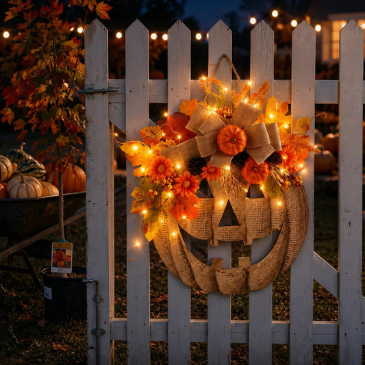 🎃✨ Græskarkrans i hessian med lys