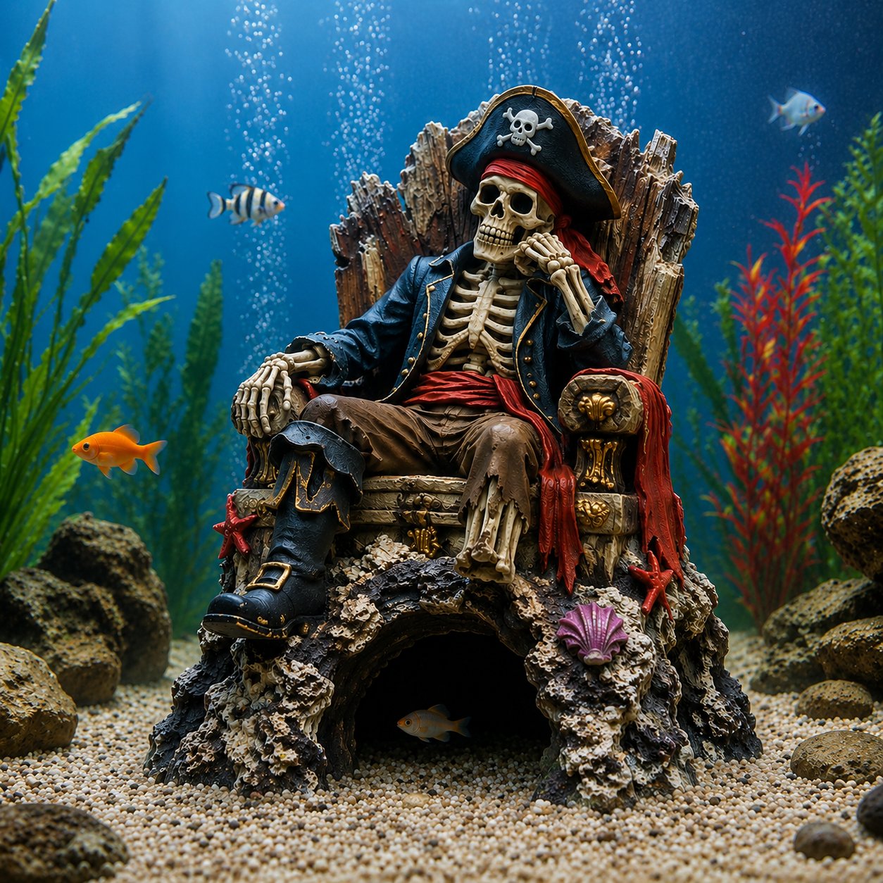 🌊☠️Undervands Piratskelet Trone Akvarium Skjulested Hule Dekoration