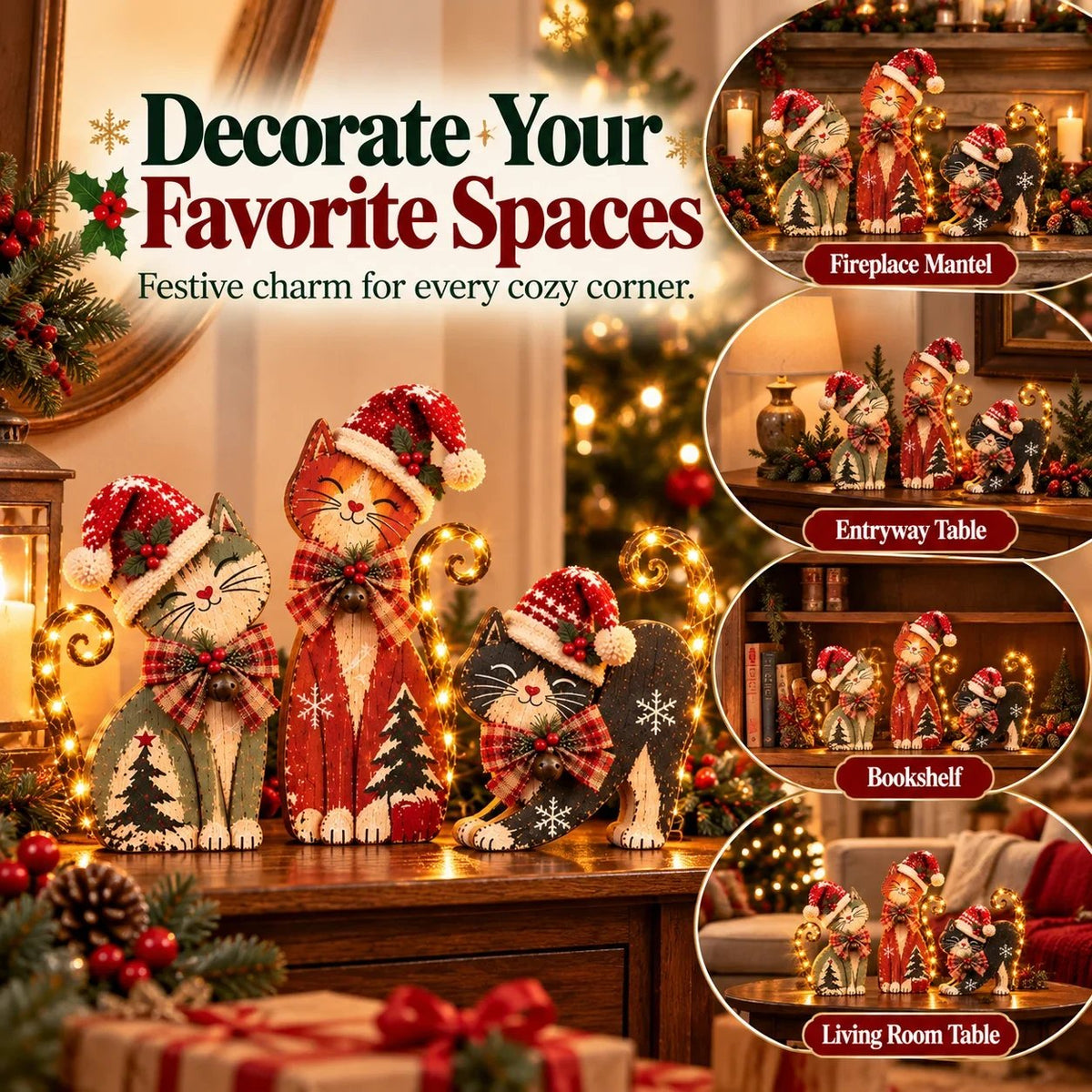 🎄 Vintage julekatte med LED-lys – 3 designs