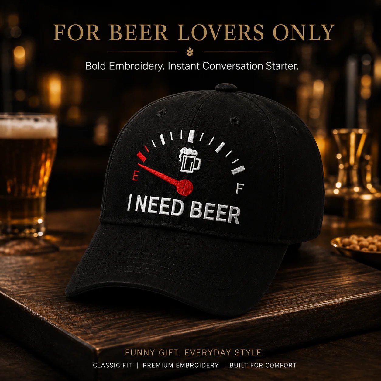 🔥 SIDSTE DAG MED 50% RABAT - 🍺 'I NEED BEER' broderet baseballkasket – Unisex mindekasket 🧢