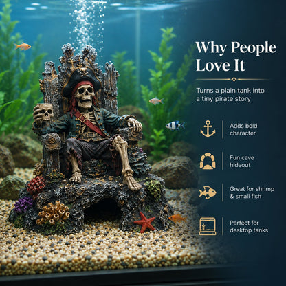 🌊☠️Undervands Piratskelet Trone Akvarium Skjulested Hule Dekoration