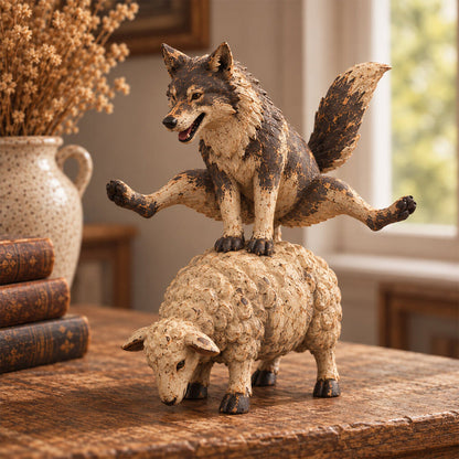 🐺Sjov ulv på får figur🐑 | Rustik gårdhave-dyr statue