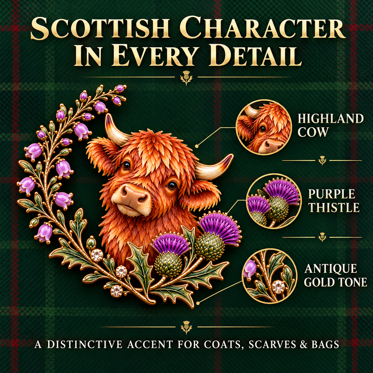 🐮 Highland Cow & Thistle 🏴󠁧󠁢󠁳󠁣󠁴󠁿 Skotsk Arv Emalje-Broche