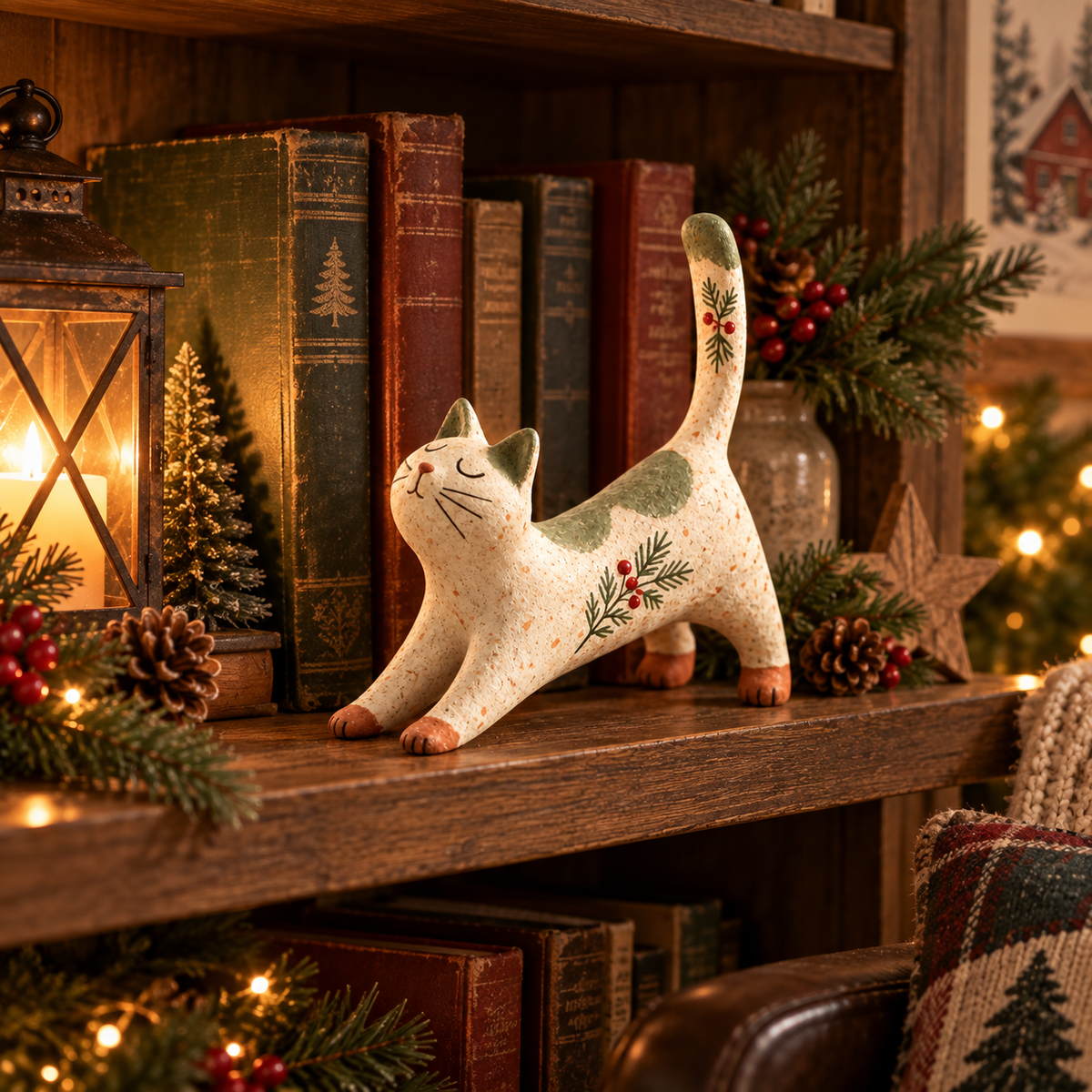 🐈🎄 Woodland Christmas Cat Figurine — en hyggelig lille skovven til dit julehjem