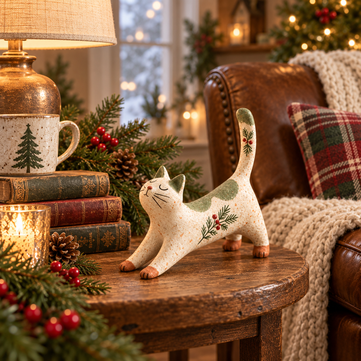 🐈🎄 Woodland Christmas Cat Figurine — en hyggelig lille skovven til dit julehjem