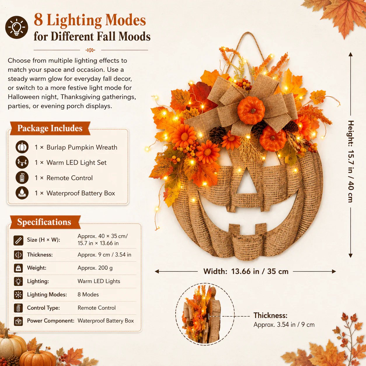 🎃✨ Græskarkrans i hessian med lys