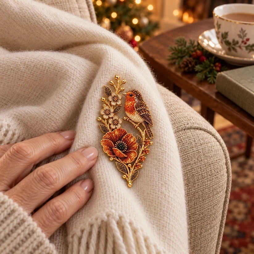 🐦🌸 Rødhals & Valmuer – Vintagebroche med Krystaller | Når Rødhalse Viser Sig, Er Dem Vi Elsker Tættere På 🐦🌸