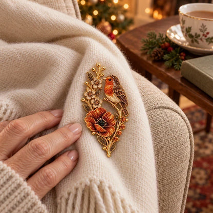 🐦🌸 Rødhals & Valmuer – Vintagebroche med Krystaller | Når Rødhalse Viser Sig, Er Dem Vi Elsker Tættere På 🐦🌸