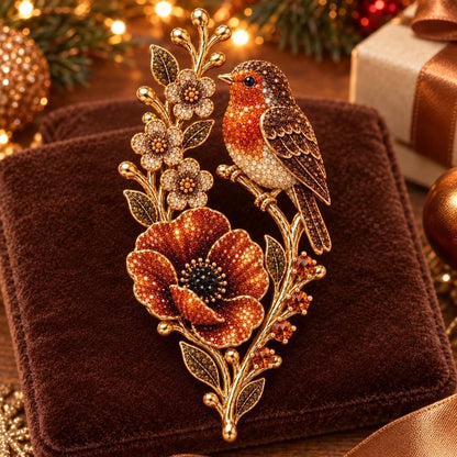🐦🌸 Rødhals & Valmuer – Vintagebroche med Krystaller | Når Rødhalse Viser Sig, Er Dem Vi Elsker Tættere På 🐦🌸