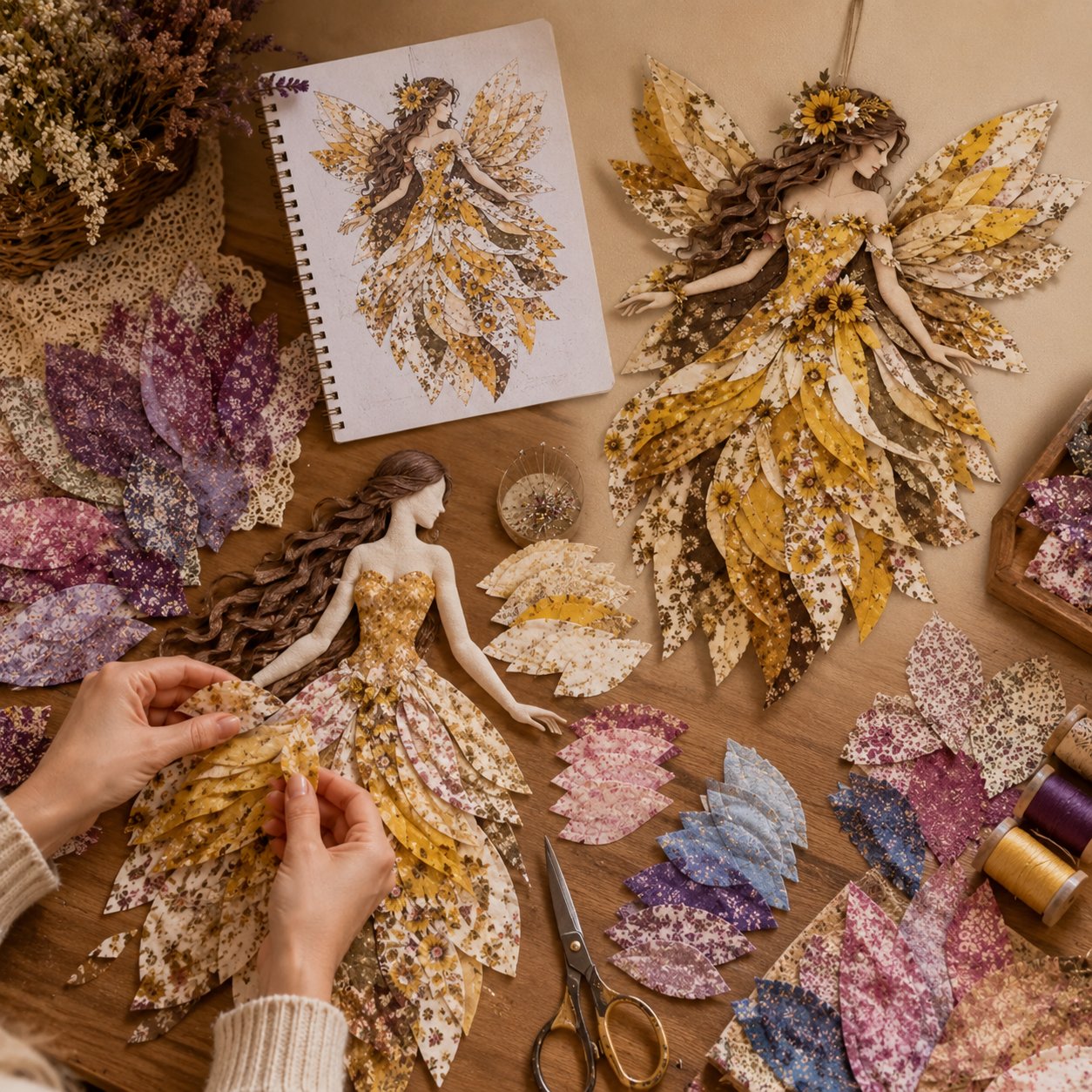 🧚‍♀️🌸 Premium-gør-det-selv-sæt »Fairy Patchwork« | Lagdelt stof i høj kvalitet med blomsterformede vinger – håndlavet fantasivægdekoration, du selv kan lave ✨
