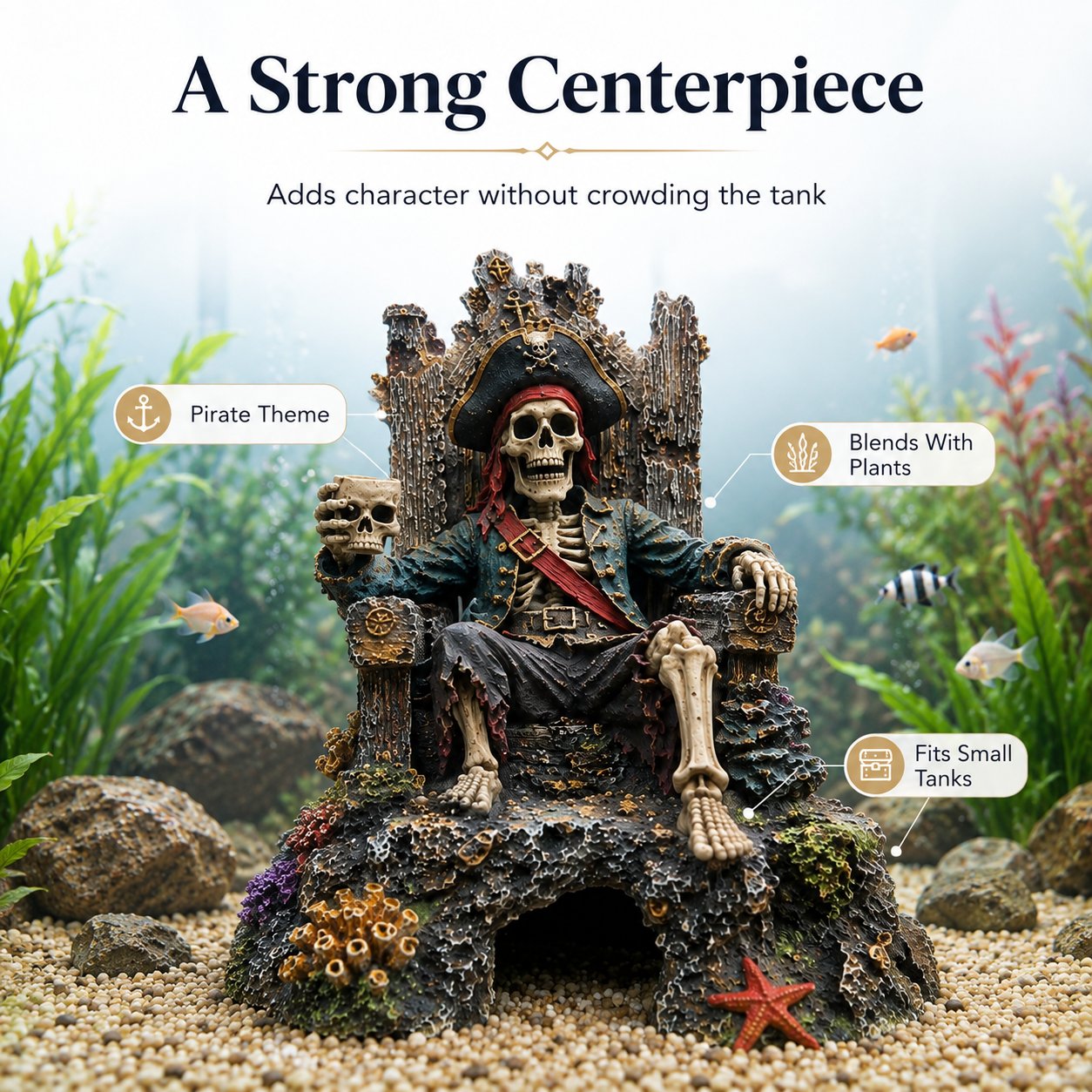 🌊☠️Undervands Piratskelet Trone Akvarium Skjulested Hule Dekoration