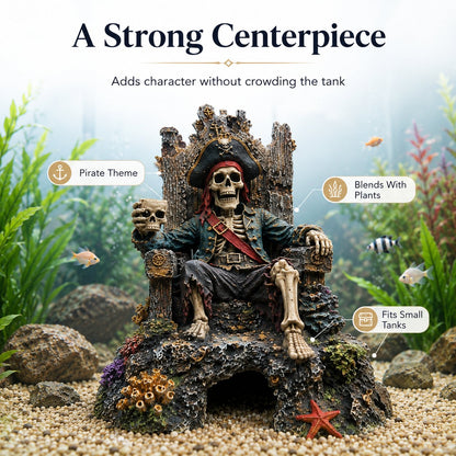 🌊☠️Undervands Piratskelet Trone Akvarium Skjulested Hule Dekoration