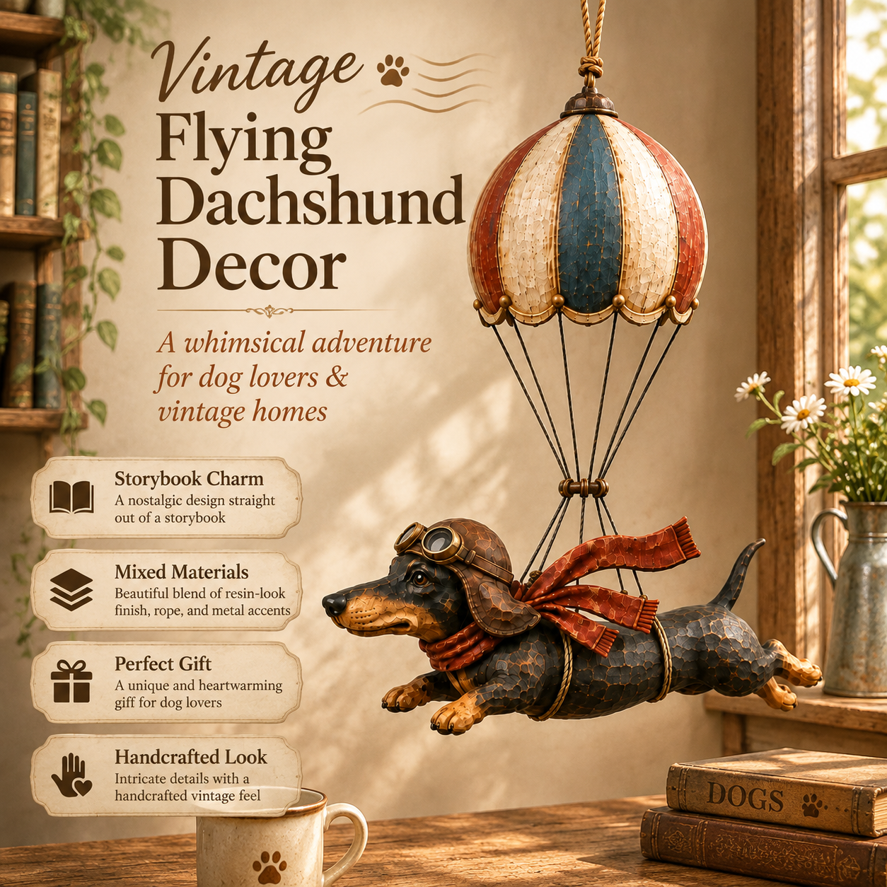 🐶 Vintage Flyvende Gravhund i Luftballon | Charmende Boligdekoration