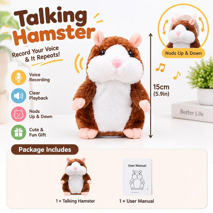 🐹 Talende hamster-kæledyr – gentager lyd & bevæger sig! 3 farver + juleversion (15 cm) ✨🎄