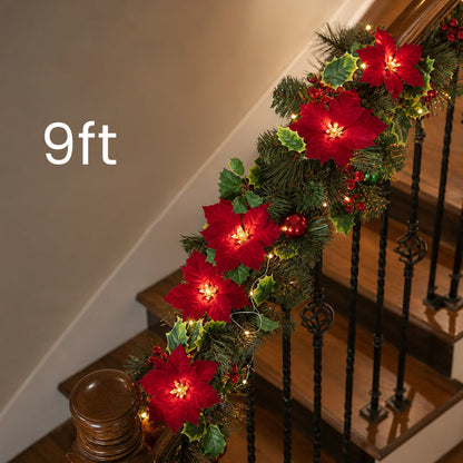 😍 🎄 Julestjerne-lysslynge – 2 m varm LED-slynge med røde blomster og kristtjørnblade