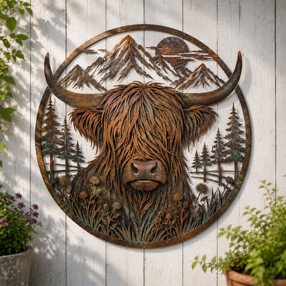 Skotsk Højlandskvæg i Bjergsyn Metal Vægdekoration 🏔️🐮
