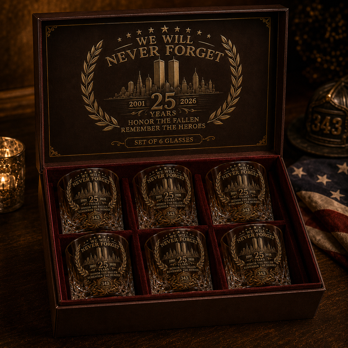 🕯️ 9/11 25 Års Mindefest Whisky Decanter Sæt — En Varig Hyldest til 343 Helte 🇺🇸