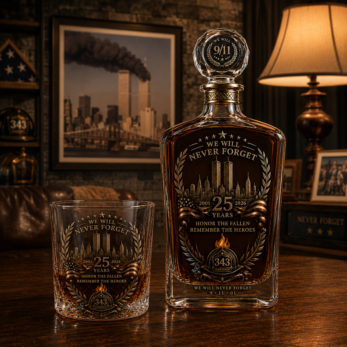 🕯️ 9/11 25 Års Mindefest Whisky Decanter Sæt — En Varig Hyldest til 343 Helte 🇺🇸