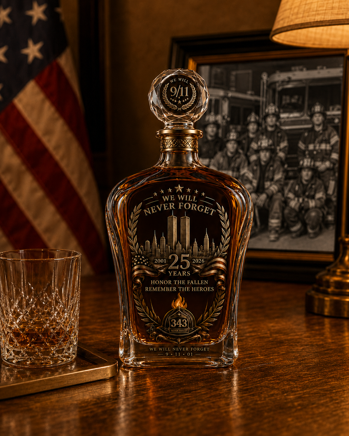🕯️ 9/11 25 Års Mindefest Whisky Decanter Sæt — En Varig Hyldest til 343 Helte 🇺🇸