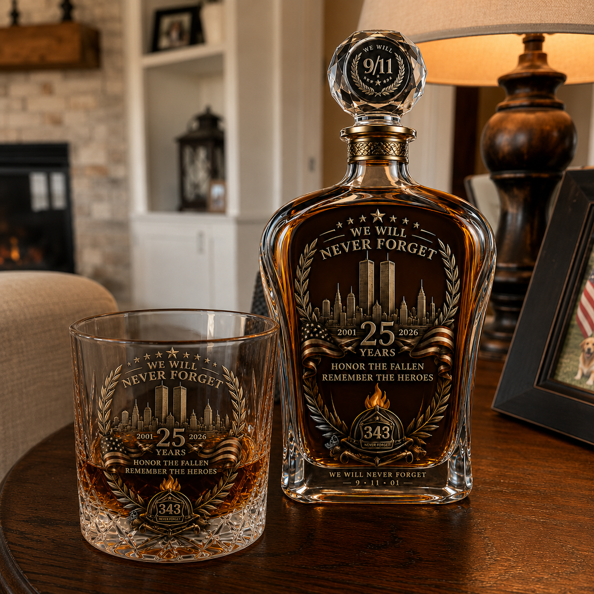 🕯️ 9/11 25 Års Mindefest Whisky Decanter Sæt — En Varig Hyldest til 343 Helte 🇺🇸