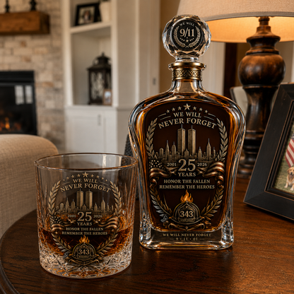 🕯️ 9/11 25 Års Mindefest Whisky Decanter Sæt — En Varig Hyldest til 343 Helte 🇺🇸