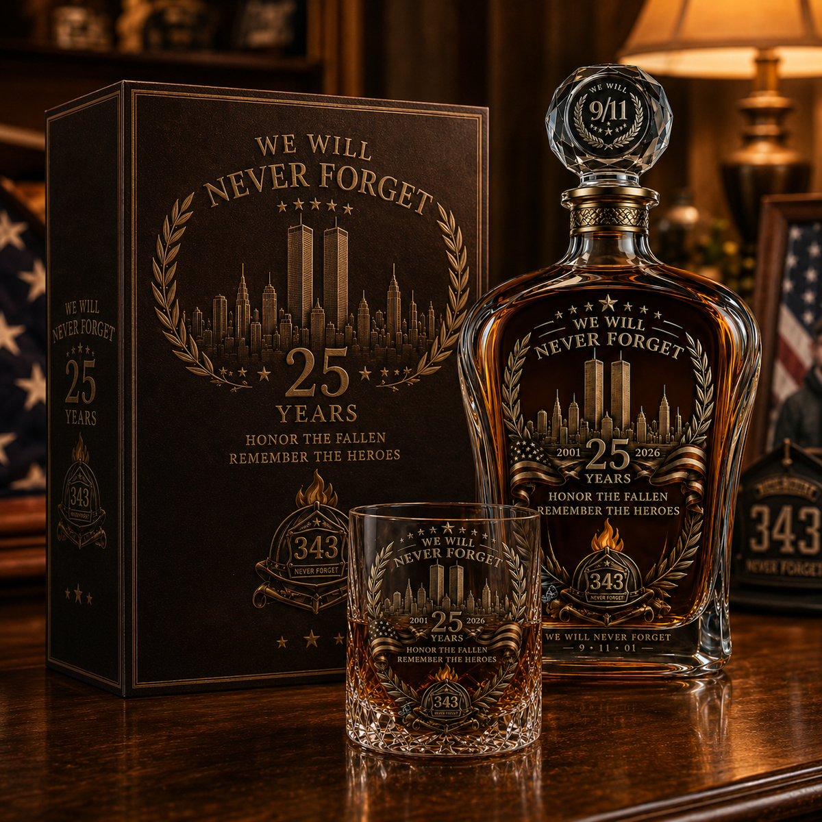 🕯️ 9/11 25 Års Mindefest Whisky Decanter Sæt — En Varig Hyldest til 343 Helte 🇺🇸