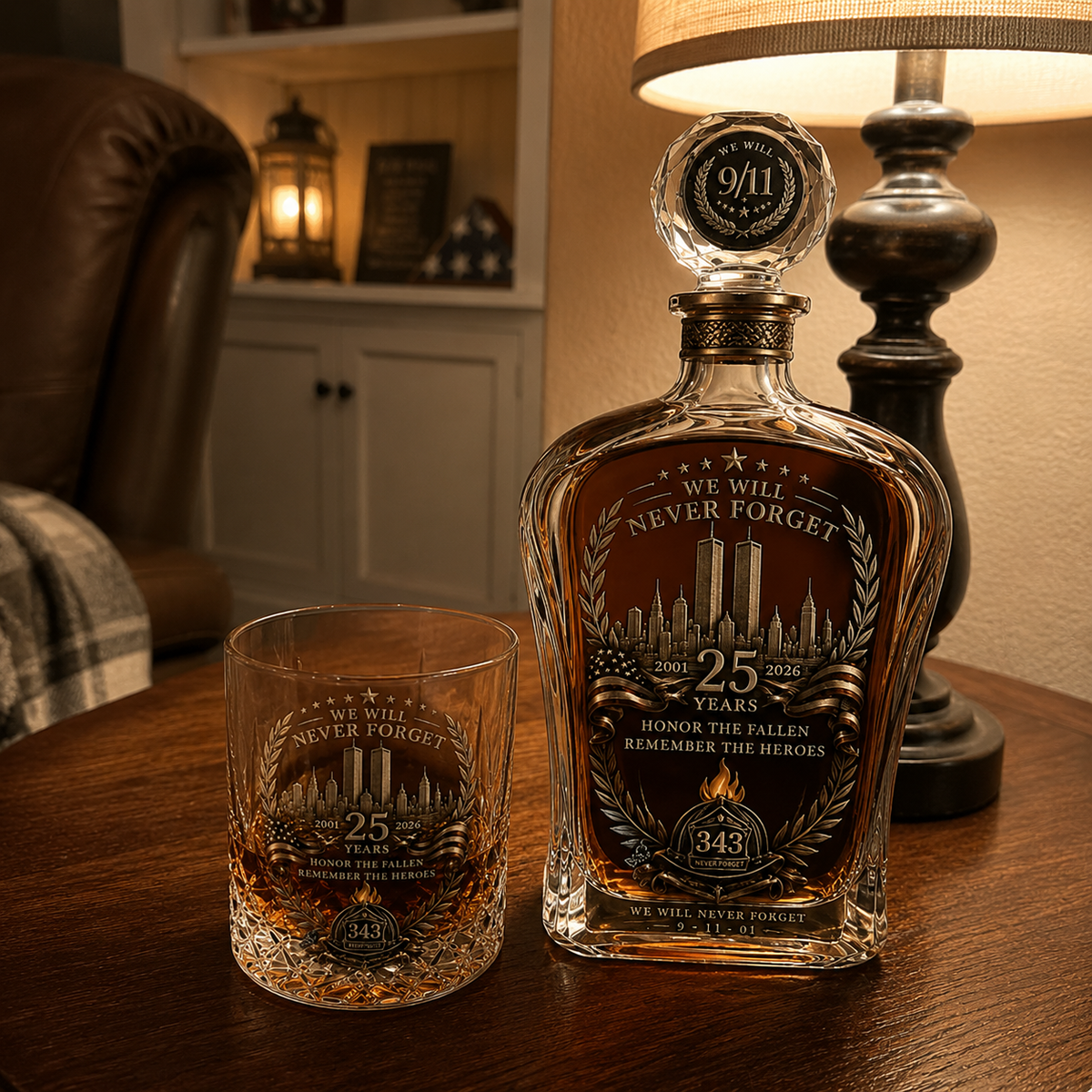 🕯️ 9/11 25 Års Mindefest Whisky Decanter Sæt — En Varig Hyldest til 343 Helte 🇺🇸