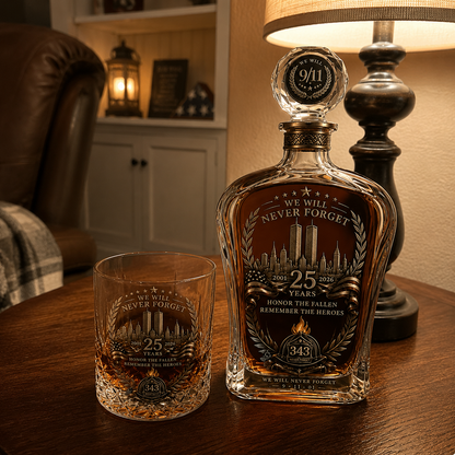 🕯️ 9/11 25 Års Mindefest Whisky Decanter Sæt — En Varig Hyldest til 343 Helte 🇺🇸