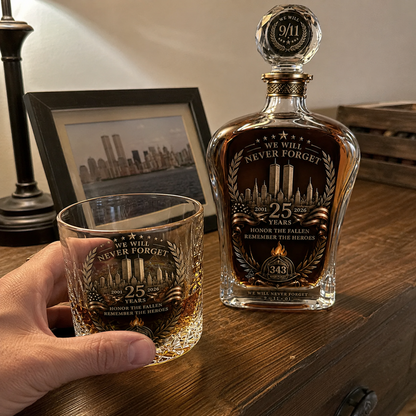 🕯️ 9/11 25 Års Mindefest Whisky Decanter Sæt — En Varig Hyldest til 343 Helte 🇺🇸