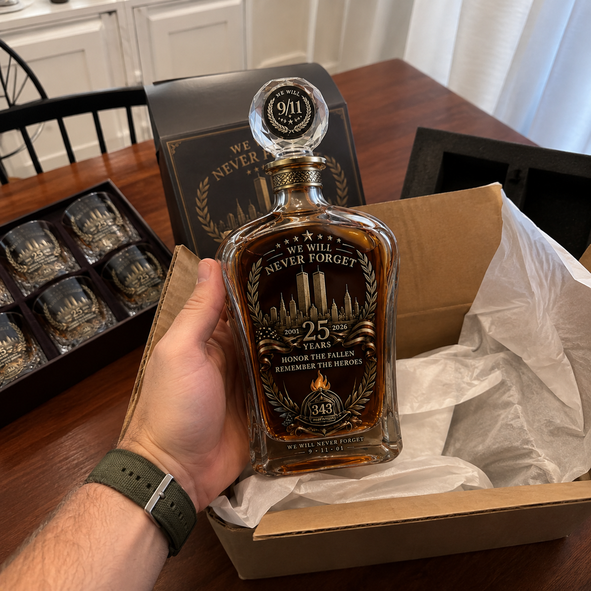 🕯️ 9/11 25 Års Mindefest Whisky Decanter Sæt — En Varig Hyldest til 343 Helte 🇺🇸