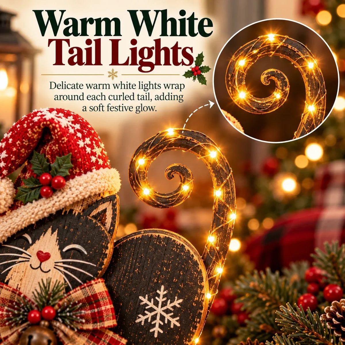 🎄 Vintage julekatte med LED-lys – 3 designs