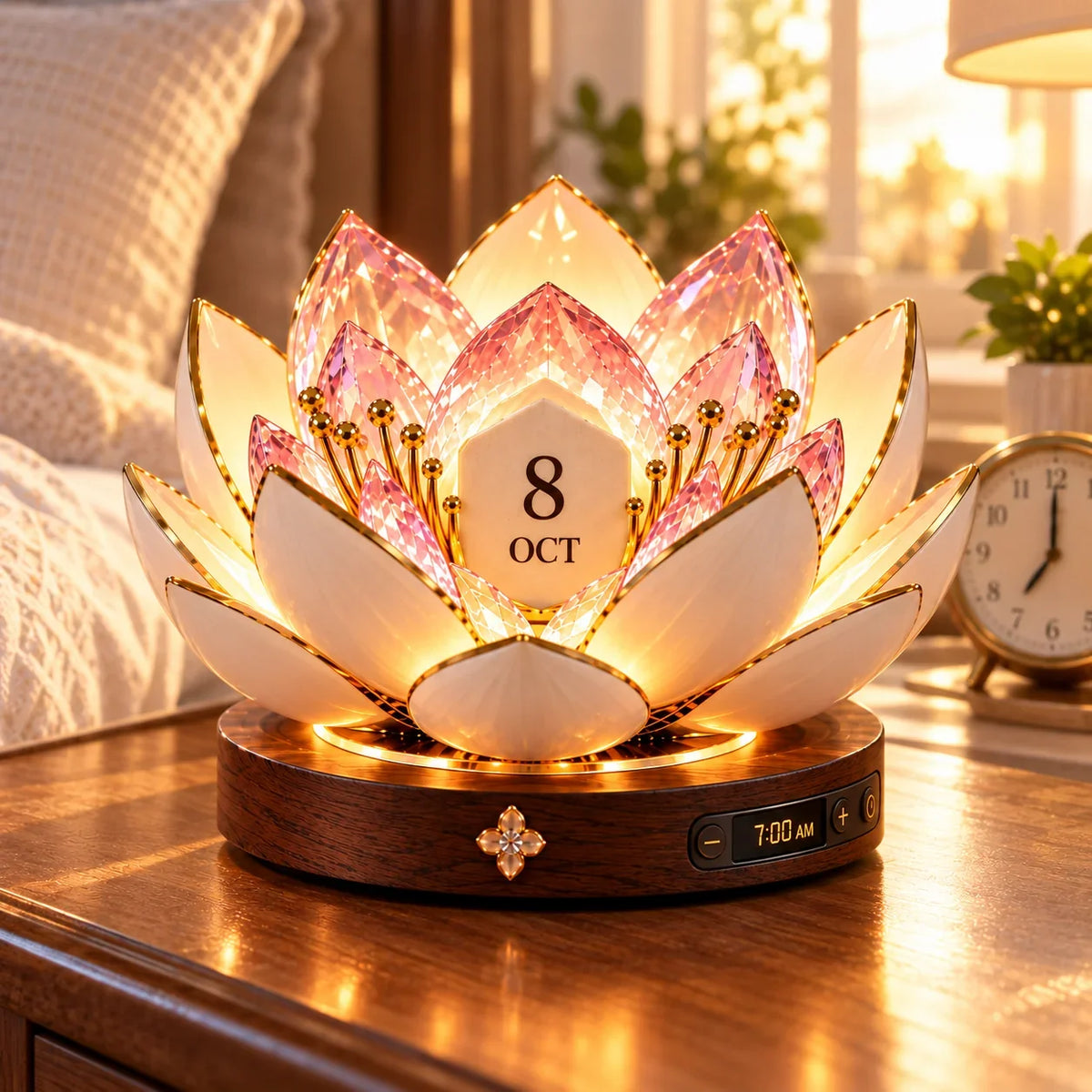 🌸✨ Automatisk blomstrende evighedskalender – Blomsterkalender med dato og varmt stemningslys 💗