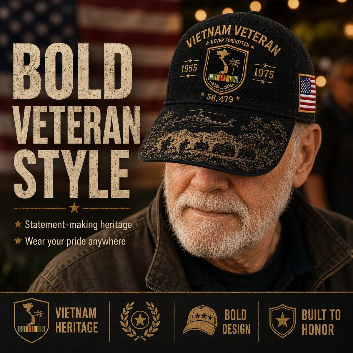 🔥🎖️ Vietnam-veteran Aldrig Glemt 1955–1975 Mindekasket 🇺🇸
