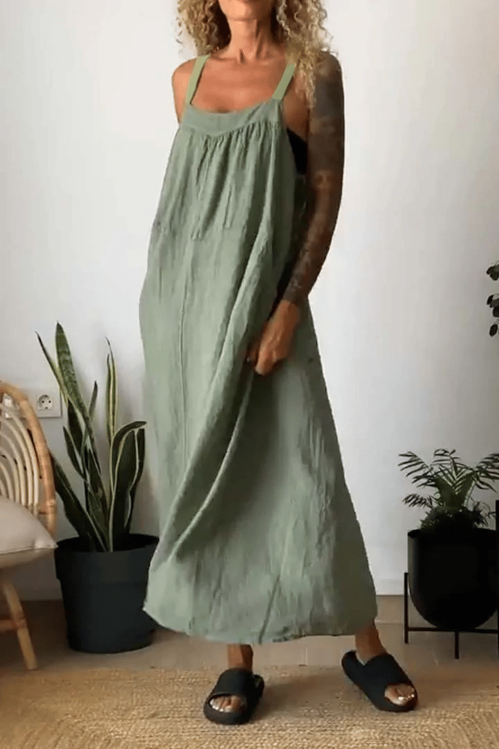 Yksinkertainen puuvilla pellava rintareppu mekko naisille🔥