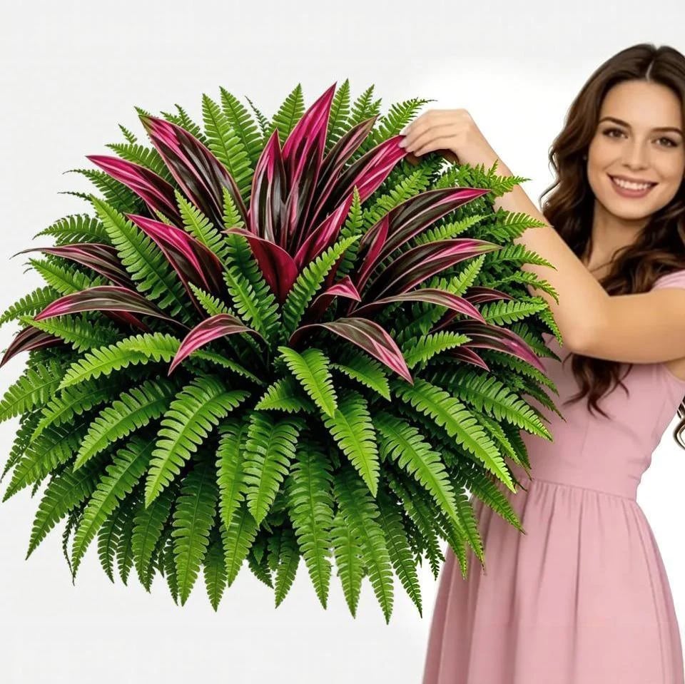 💥Sommertilbud🔥UV-resistente kunstige bregner & røde dracaena-planter – Fyldige, frodige & falmebestandige!
