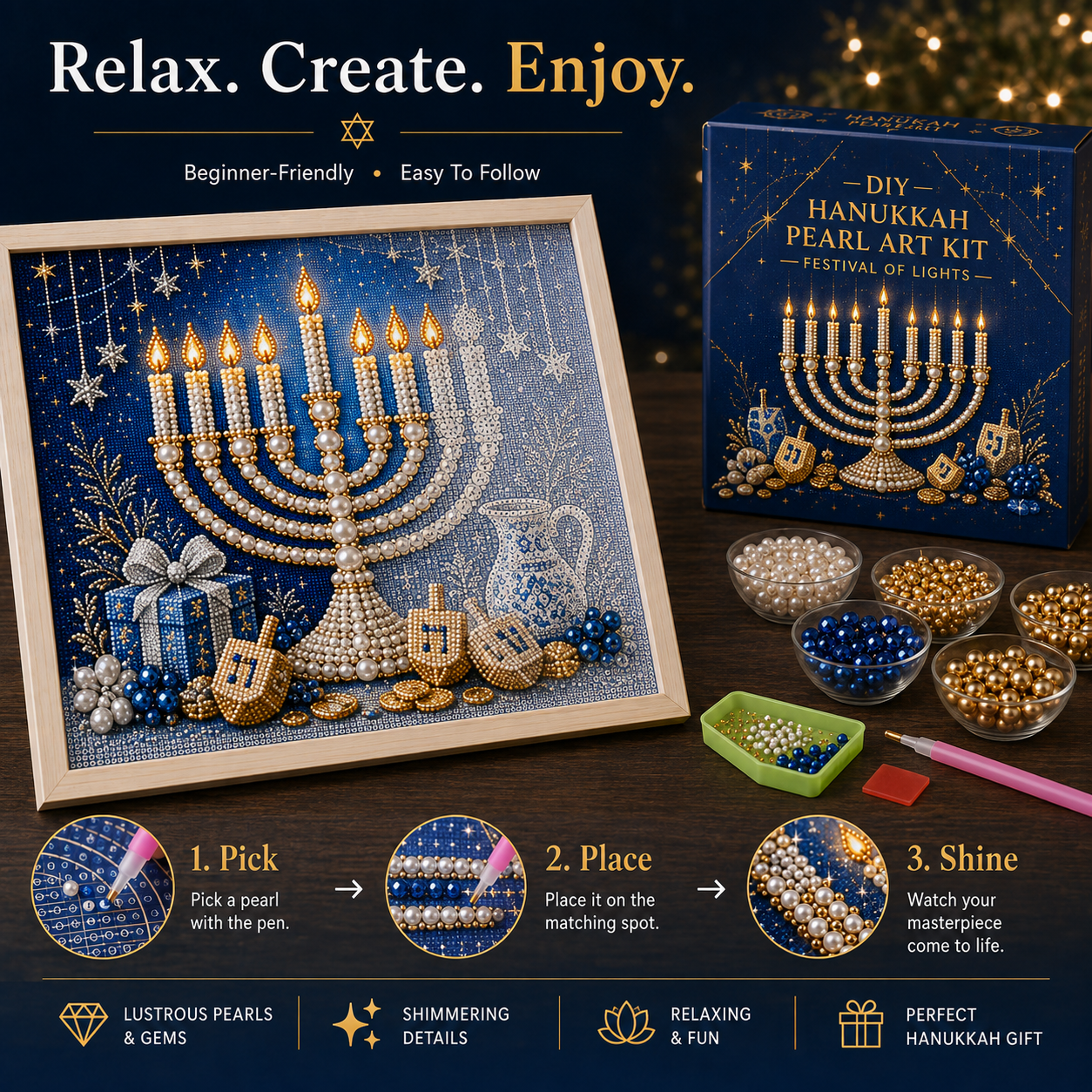 🕎✨ Hanukkah Perlekunst DIY-Sæt — skab noget smukt sammen, én perle ad gangen