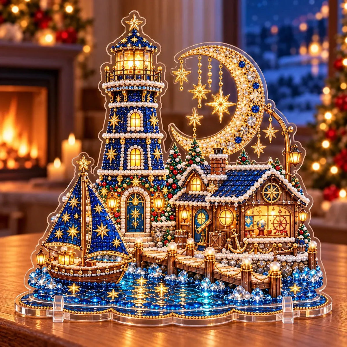 ✨ Premium perle-fyrtårn diamond painting-kunstset | Luksuriøst, fløjlsblødt canvas med ridsefaste, farveægte perler – DIY-julepynt 🎅⛄️❄️