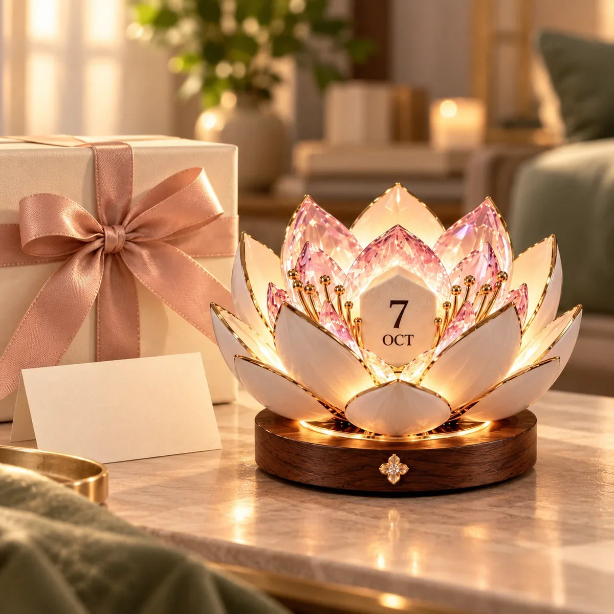🌸✨ Automatisk blomstrende evighedskalender – Blomsterkalender med dato og varmt stemningslys 💗