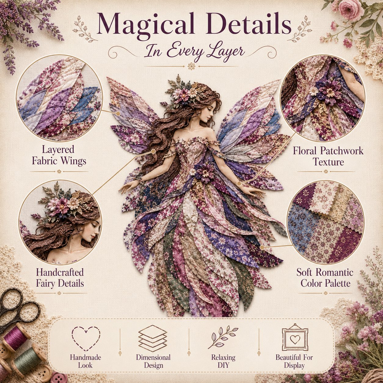 🧚‍♀️🌸 Premium-gør-det-selv-sæt »Fairy Patchwork« | Lagdelt stof i høj kvalitet med blomsterformede vinger – håndlavet fantasivægdekoration, du selv kan lave ✨